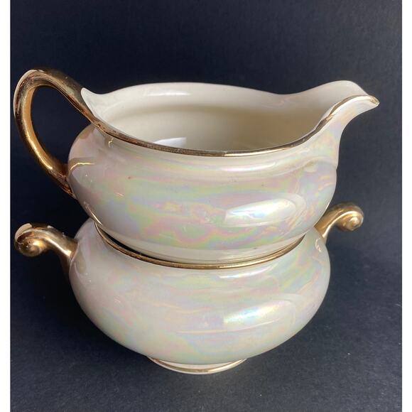 Vintage Homer Laughlin Pearl Iridescent Creamer & Open Sugar Bowl | 1940s - Picture 9 of 9